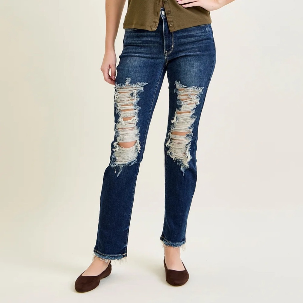 JUDY BLUE Mid rise straight leg jeans size 3/26 dark wash distressed